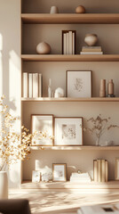Modern Minimalist Studio Background with Shelving and Warm Ambiance