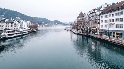 Fototapeta premium Serene Lake View with Fog and Charming Architecture