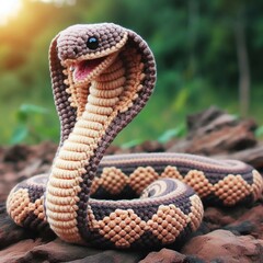 Fototapeta premium Close-up, stylised illustration of a cobra with a pattern on its back against the background of nature