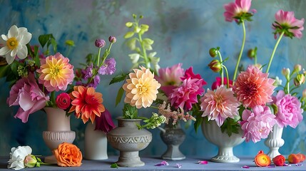 Captivating still life featuring a vibrant floral arrangement in a variety of vases. 
