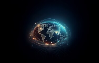 Fototapeta premium A glowing digital representation of the Earth surrounded by lines, dots, and rays of light.