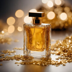 A minimalist gold perfume bottle lying on a bed of delicate, shimmering gold leaf flakes, with soft light reflecting off the surface
