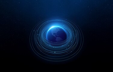 Obraz premium A digital blue globe surrounded by glowing rings of light against a dark blue starry background.
