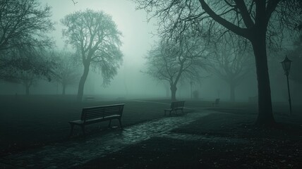 A Foggy Park at Dusk with Benches and a Streetlight