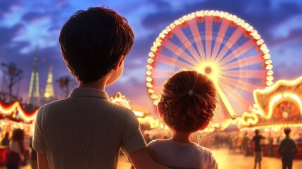 Fototapeta premium Joyous Moments at the Carnival: A Magical Evening Under Twinkling Lights