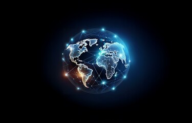 Obraz premium A glowing digital world map with blue and orange accents surrounded by interconnected lines.