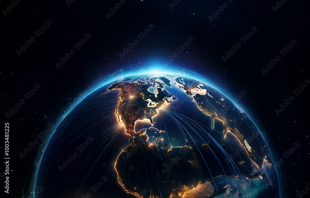 Poster a nighttime view of earth from space, showcasing city lights and interconnected lines representing g