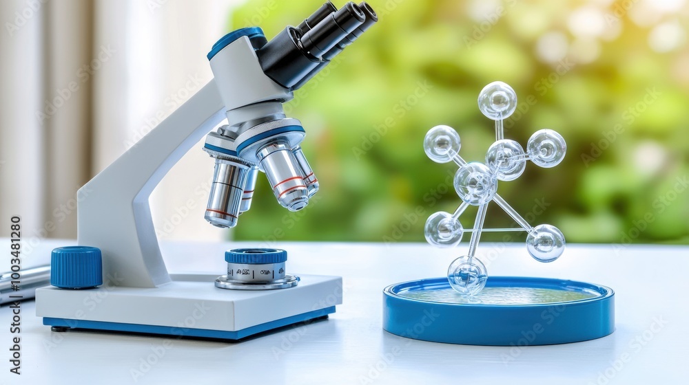 Poster laboratory microscope and molecular model on table
