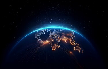 Fototapeta premium A glowing blue and orange earth with thin lines of light connecting continents.