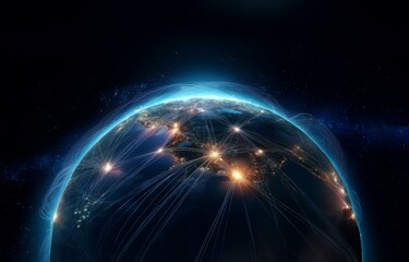 Obraz premium A blue glowing earth with a network of white lines radiating out from cities.