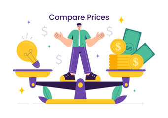Vector Illustration of Comparing Prices and Inflation in the Economy, Showing Scales with Prices and Goods Values in a Flat Style Cartoon Background