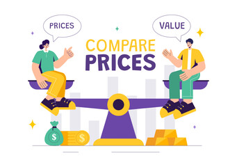 Vector Illustration of Comparing Prices and Inflation in the Economy, Showing Scales with Prices and Goods Values in a Flat Style Cartoon Background