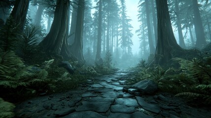 Fototapeta premium Serenity Unveiled: A Misty Forest Dawn with Nature’s Symphony