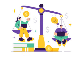 Vector Illustration of Comparing Prices and Inflation in the Economy, Showing Scales with Prices and Goods Values in a Flat Style Cartoon Background