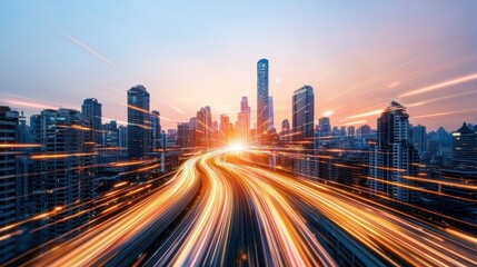 Fototapeta premium Dynamic City Skyline at Sunset with Light Trails