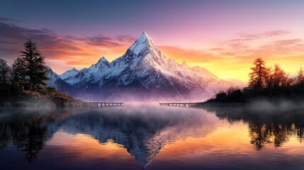 Fototapeta premium Serenity at Dawn: Reflections on a Quiet Mountain Lake