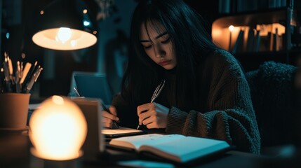 Young woman studying late at night at home, writing notes in notebook under lamp light. Books and pencils on desk in cozy room setting.