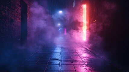 Wet, Empty Street Lit by Neon Signs and Fog