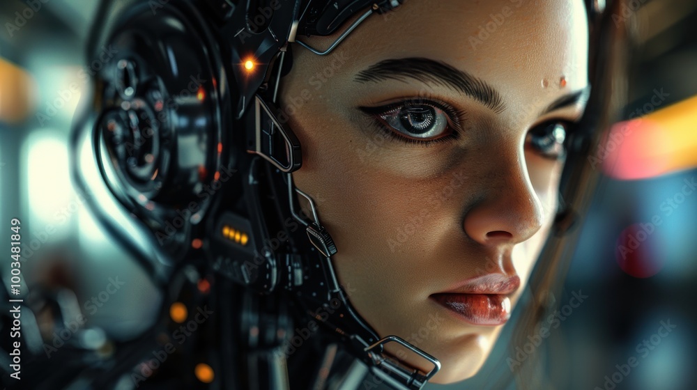 Poster futuristic female cyborg robot with artificial intelligence concept. ai generated image