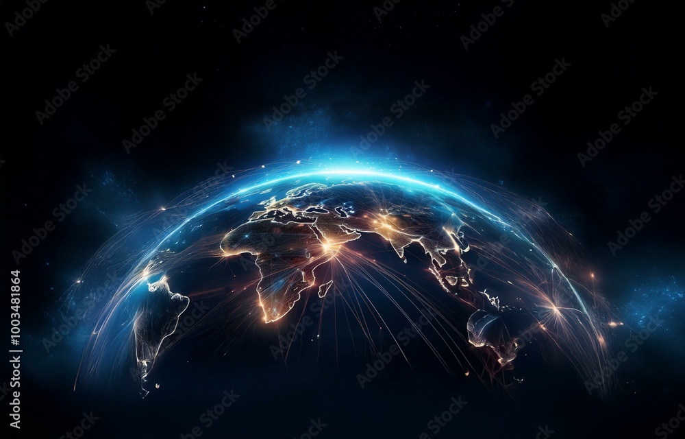 Poster a digital rendering of the earth, depicted as a sphere with glowing lines connecting different conti