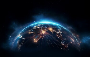 A digital rendering of the Earth, depicted as a sphere with glowing lines connecting different continents.