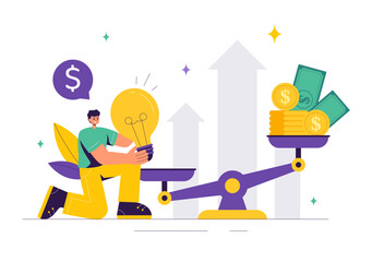 Vector Illustration of Comparing Prices and Inflation in the Economy, Showing Scales with Prices and Goods Values in a Flat Style Cartoon Background