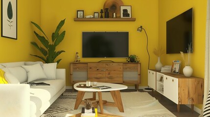 3D Render of a Modern Mid-Century Interior: Living Room Featuring White Sofa and Wooden TV Cabinets on Yellow Wall