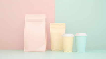 Zero waste coffee packaging flat design front view sustainable 3D render colored pastel