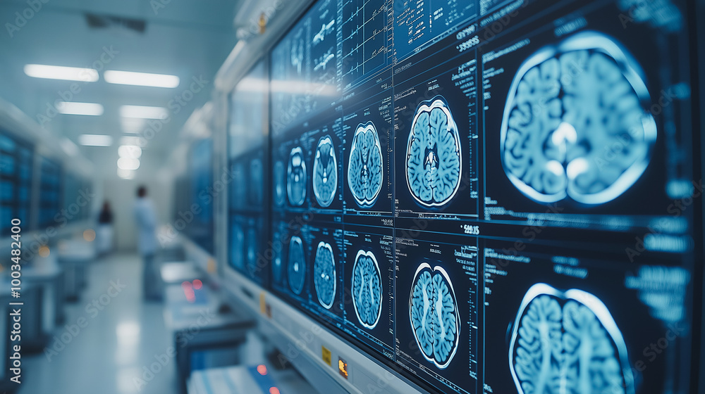 Poster a computer monitor displays a series of brain scans