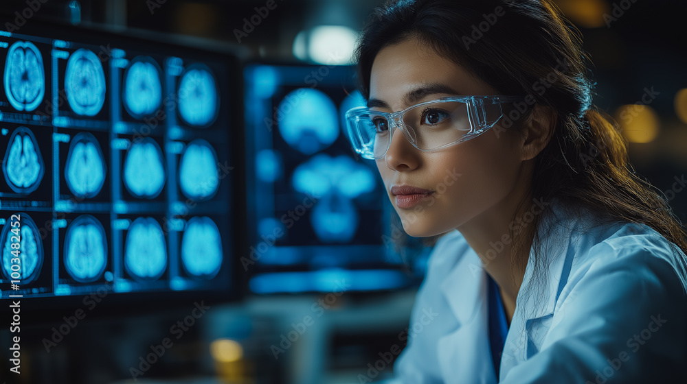 Poster a woman wearing a lab coat and glasses is looking at a computer monitor displaying a series of brain
