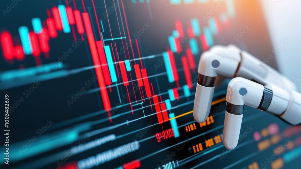 Poster robotic hand analyzing financial data graphs