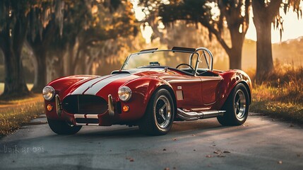 Red Cobra sports car parked on country road with golden light of setting sun for sleek design and dynamic automotive performance concept.