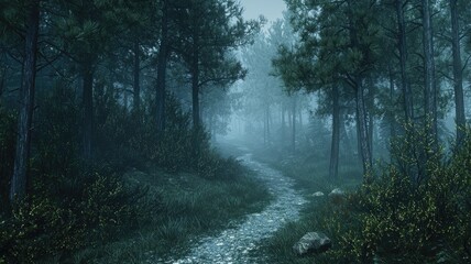 Misty Forest Path with Tall Pine Trees and Dense Foliage - Download ...