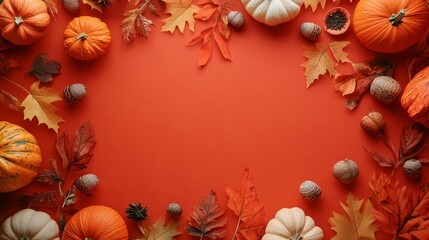 Fototapeta premium Cozy Thanksgiving Decor Flat Lay with Pumpkins, Acorns, and Autumn Leaves on Burnt Orange Background | Rustic Fall Table Setting with Copy Space