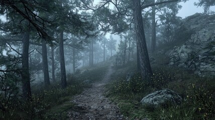 Fototapeta premium A winding path through a misty forest with tall trees, rocks, and a hint of sunlight.