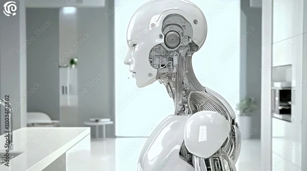 Poster futuristic robot with exposed mechanics in modern setting