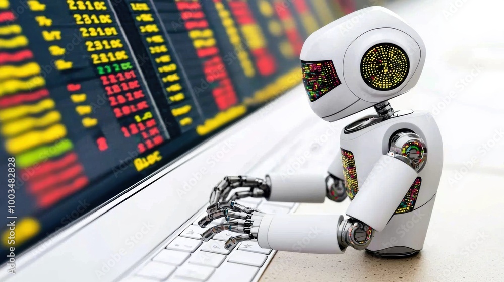 Poster robot analyzing data on computer screen