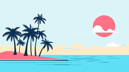 Obraz premium Silhouette of palm trees on a pink sand beach with a red sun in the sky.