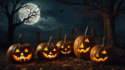 Halloween image is a cemetery with many graves and a moon in the sky giving a dim and scary light. There is a pumpkin carved with a devil's face.