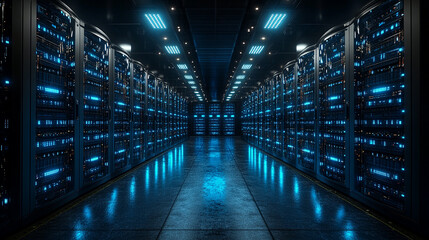 High-tech server room with modern data storage racks and glowing blue lights.