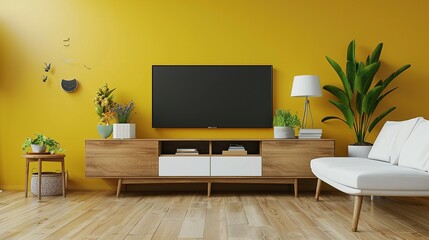 Stylish Mid-Century Living Room: White Sofa and Wooden TV Cabinets with Yellow Wall - 3D Render