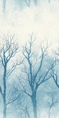 Ethereal winter forest seamless pattern, misty watercolor effect, bare trees, falling snow, serene blue undertones