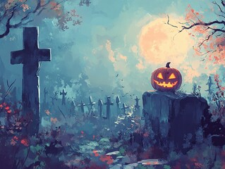 pumpkin in a spooky Graveyard at night