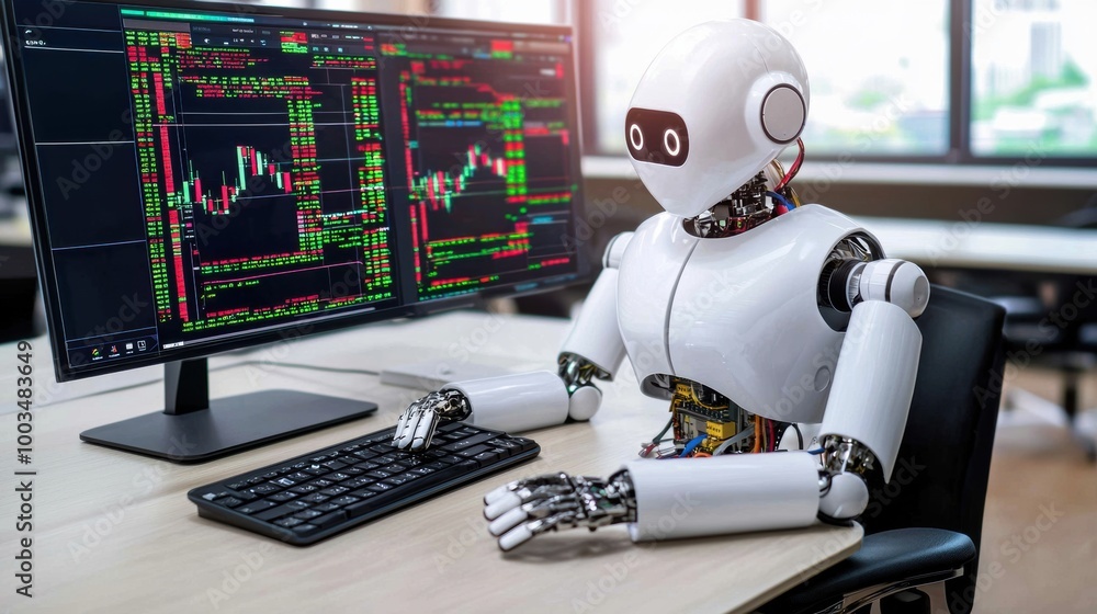 Poster robot trader analyzing stock market data