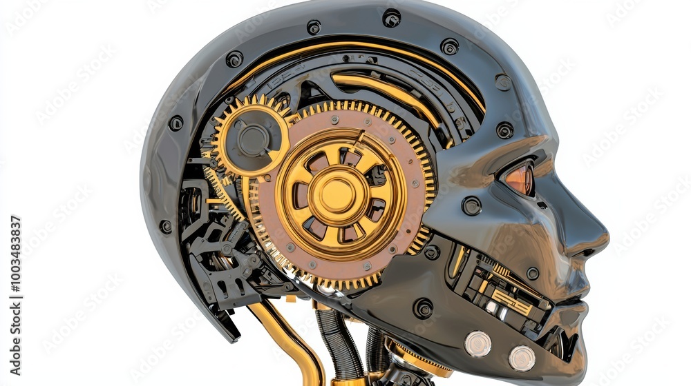 Poster futuristic robot head with gears and mechanisms