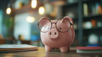 Obraz premium A piggy bank wearing horn-rimmed glasses sits on a desk in front of a bookshelf. The piggy bank is smiling and has a coin slot on its back.