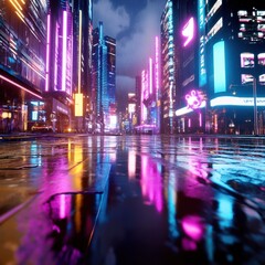 Vibrant Neon Cityscape at Night with Reflection