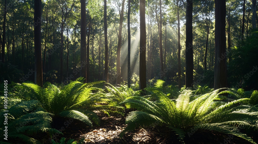 Poster Sunlight streams through a dense forest canopy illuminating a patch of ferns on the forest floor.