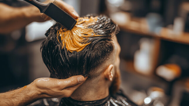 A barber is coloring a man's hair at the barbershop.  He's using a brush to put dye on the man's hair.