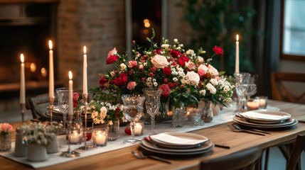 A beautiful wedding table, set with flowers and candles, awaits guests for a special dinner. The elegant decorations create a stylish and romantic atmosphere.
